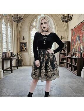Black velvet long sleeve top with gold floral embroidery